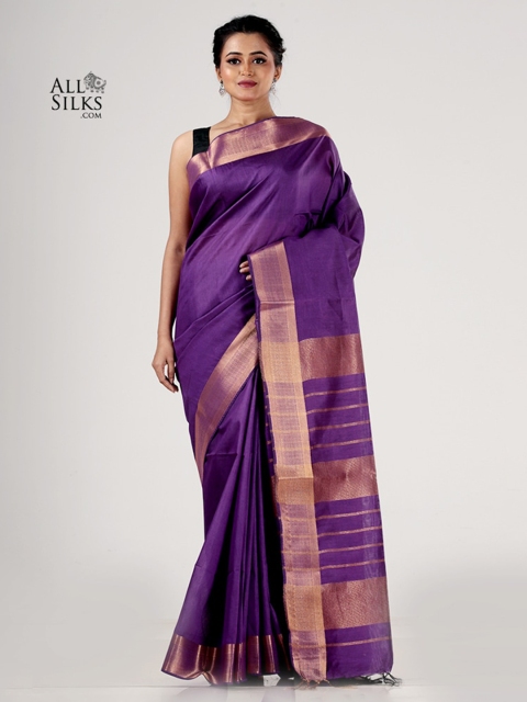 

AllSilks Purple & Copper-Toned Striped Woven Silk Blend Saree