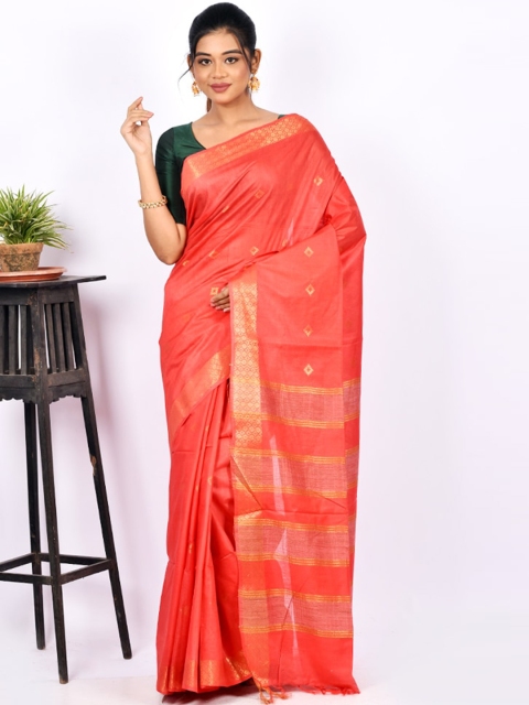 

AllSilks Peach-Coloured & Gold-Toned Silk Blend Woven Design Saree