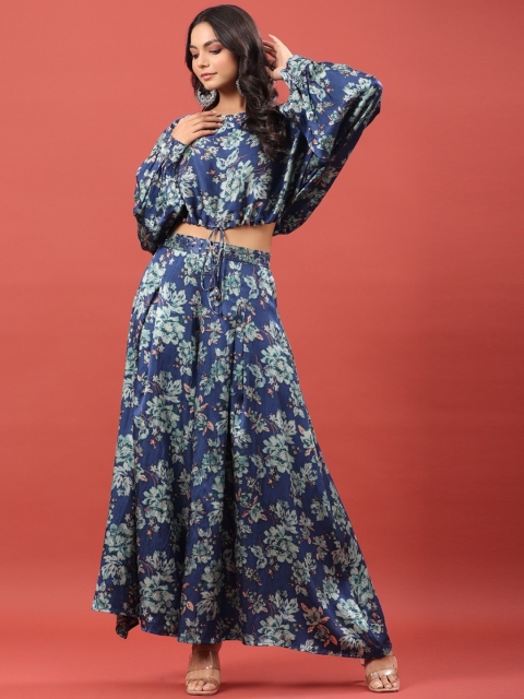 

JISORA Women Blue Printed Pure Silk Co-Ords