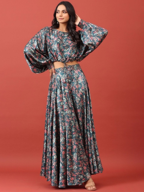 

JISORA Women Green & Pink Floral Printed Silk Co-Ords Set