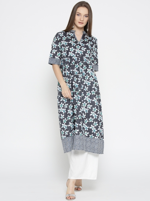 

HERE&NOW Women Grey & White Floral Print A-Line Kurta