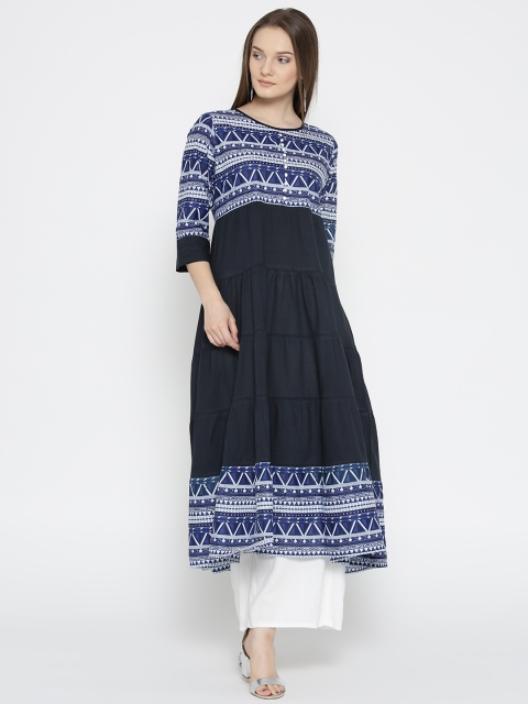 

HERE&NOW Women Navy & White Printed Anarkali Kurta, Navy blue