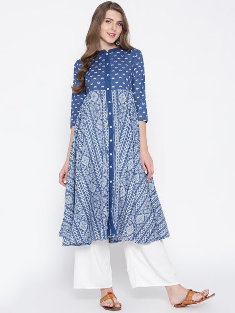 

HERE&NOW Women Blue & White Printed Anarkali Kurta