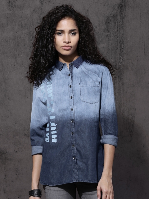 

Roadster Women Blue Regular Fit Faded Denim Shirt