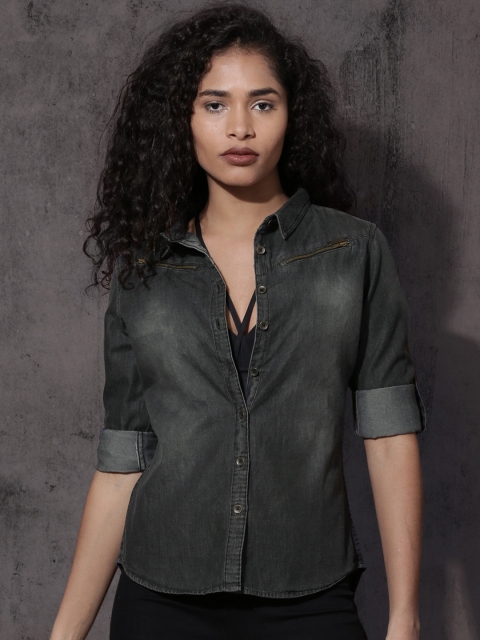 

Roadster Women Charcoal Grey Regular Fit Faded Denim Shirt