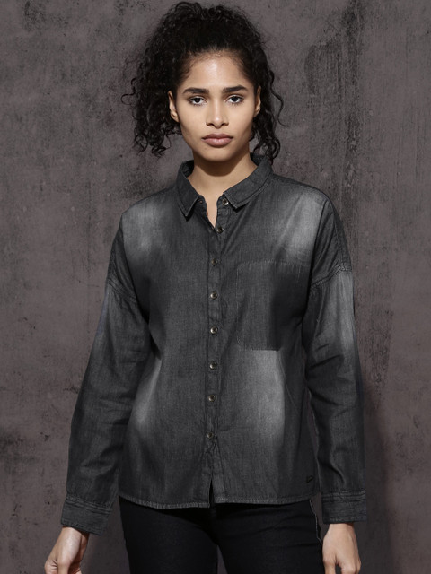 

Roadster Women Charcoal Grey Regular Fit Faded Casual Shirt