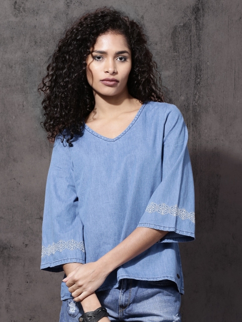 

Roadster Women Blue Chambray Top with Embroidered Detail