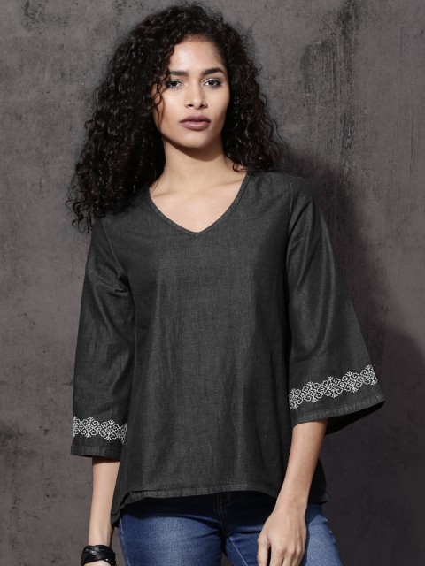 

Roadster Women Charcoal Grey Top with Embroidered Detail