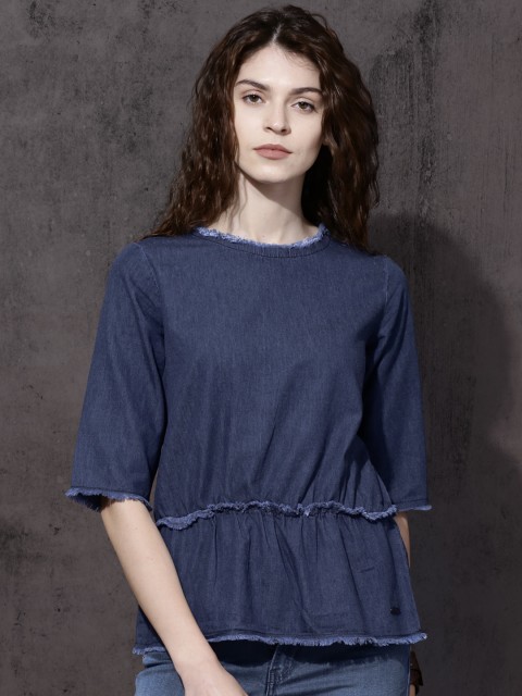 

Roadster Women Blue Solid Chambray Top