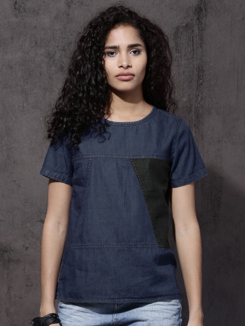 

Roadster Women Blue Solid Pure Cotton Top