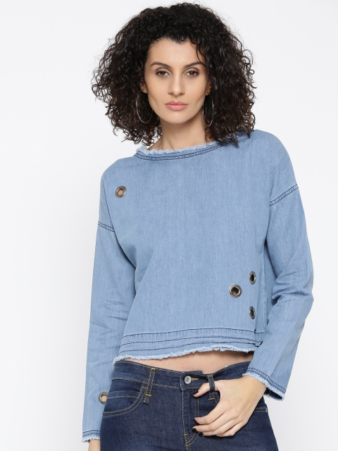 

Roadster Women Blue Chambray Solid Crop Top