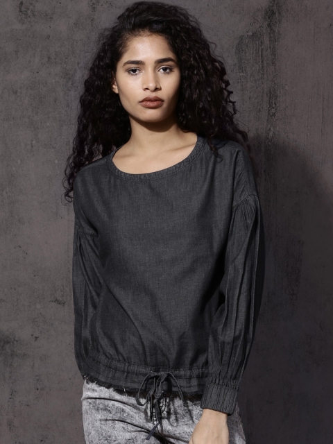 

Roadster Women Black Solid Denim Blouson Top