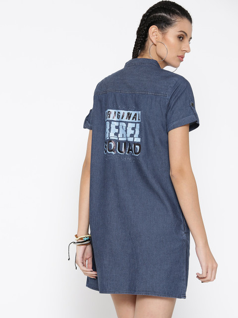 

Roadster Women Denim Blue Printed Shirt Dress