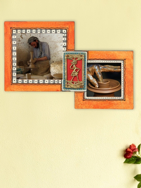 

ExclusiveLane Orange Warli Hand-Painted Photo Frame with Dhokra Art