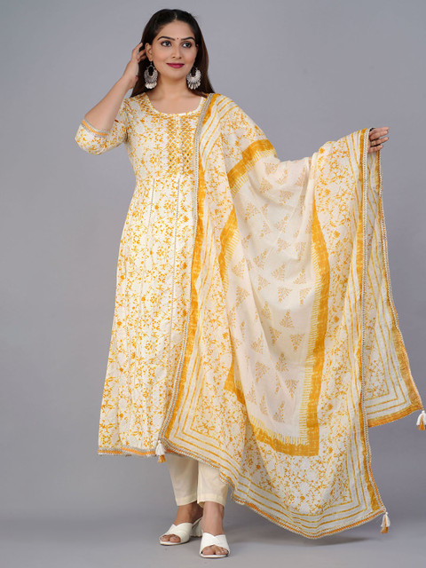 

PREKSHA Women Mustard Yellow Floral Printed Mirror Work Pure Cotton Kurta with Trousers & Dupatta