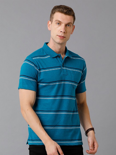 

Classic Polo Men Blue & Navy Blue Striped Polo Collar T-shirt