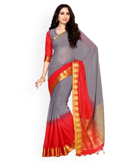 

MIMOSA Grey Poly Chiffon Solid Kanjeevaram Saree