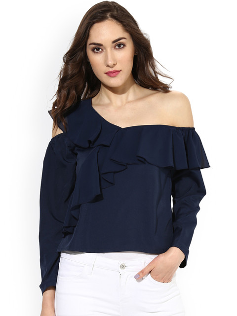 

Besiva Women Navy Blue Solid One-Shoulder Top