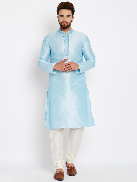 

SOJANYA Men Blue & Cream-Coloured Solid Kurta with Churidar