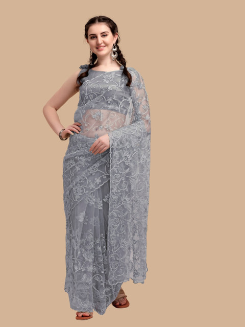 

Mitera Grey Embellished Embroidered Net Saree