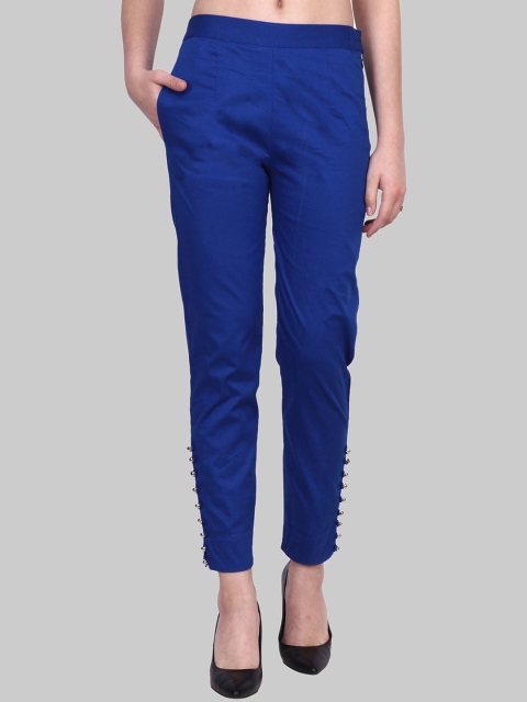 

Popwings Women Blue Cotton Smart Trousers