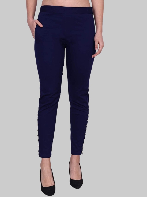 

Popwings Women Navy Blue Cotton Smart Trousers