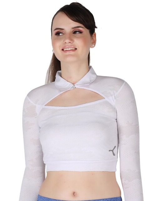 

La Aimee Women White Jacquard Shirt Collar Fitted Crop Top