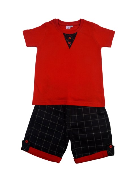 

POMY & JINNY Boys Red & Black Cotton T-shirt with Shorts