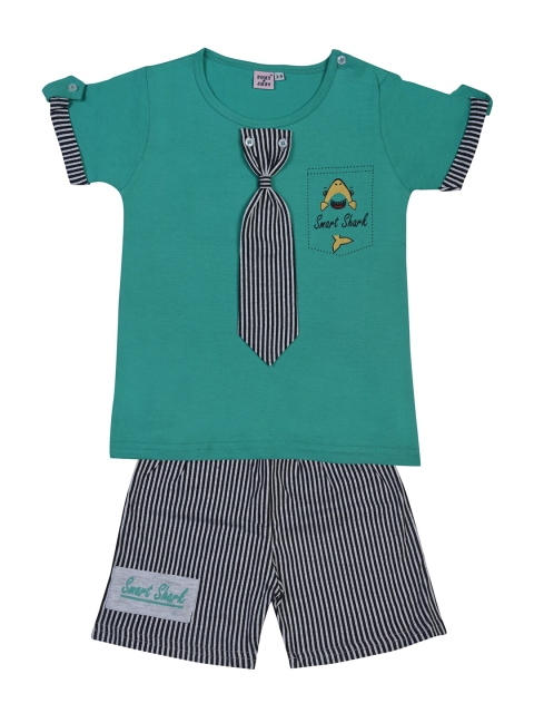 

POMY & JINNY Boys Green & Black Striped Pure Cotton T-shirt with Shorts