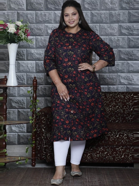 

PNEHA Women Plus Size Navy Blue & Red Floral Printed Floral Kurta