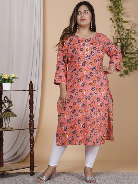 

PNEHA Women Plus Size Peach-Coloured & Navy Blue Floral Printed Gotta Patti Floral Kurta
