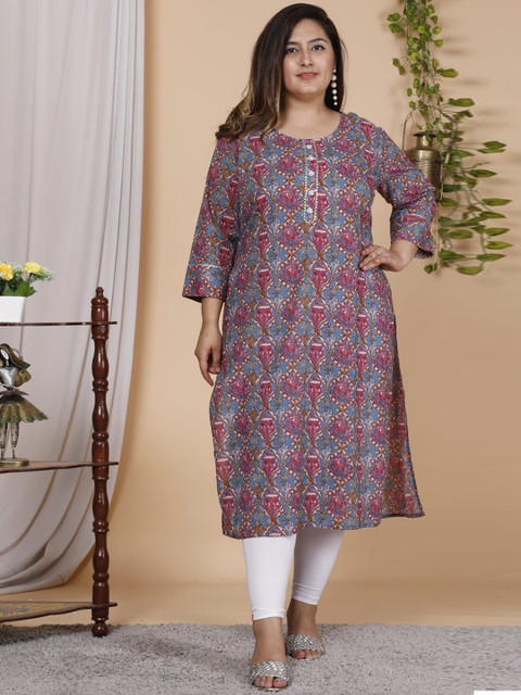 

PNEHA Women Plus Size Blue & Pink Floral Printed Straight Kurta