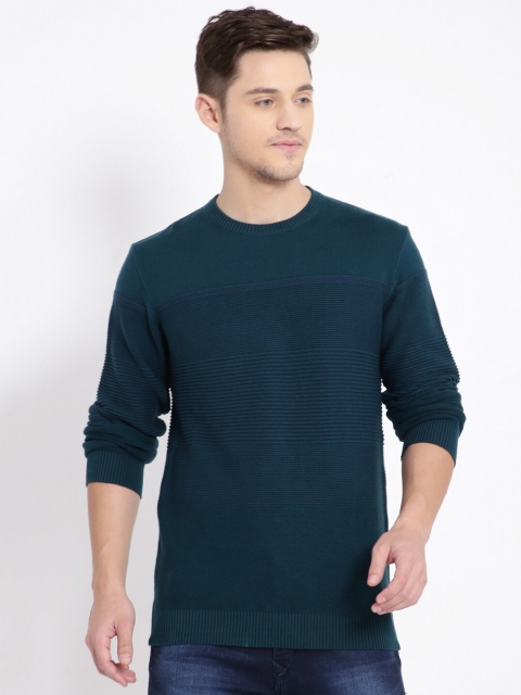 

t-base Men Teal Striped Cotton Pullover Sweater