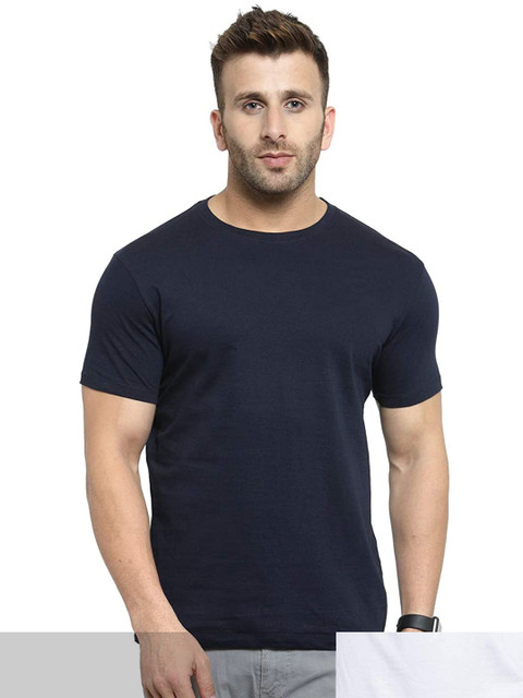 

FRENCH KLEIDER Men Pack of 2 Navy Blue & White Slim Fit T-shirt