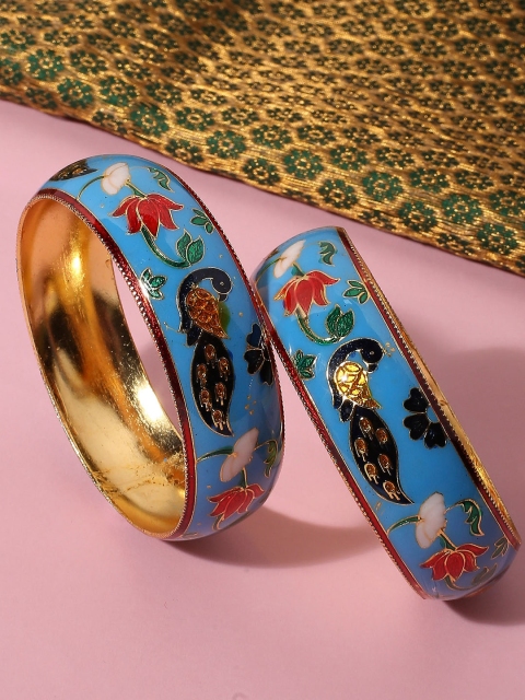 

OOMPH Blue-colored Set Of 2 Gold-Plated & Meenakari Lotus & Peacock Design Bangles