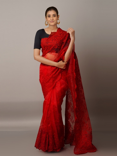 

Unnati Silks Red Floral Embroidered Organza Jamdani Saree