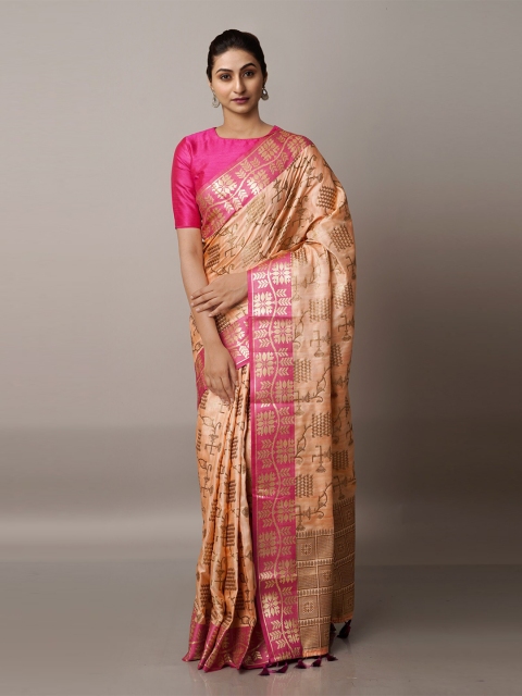 

Unnati Silks Peach-Coloured & Red Ethnic Motifs Zari Silk Blend Banarasi Saree