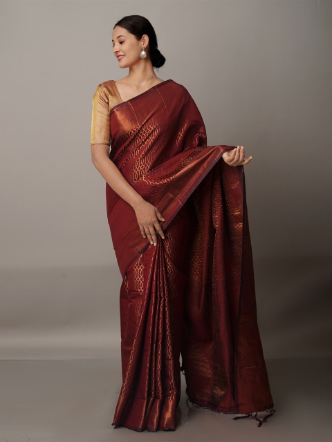 

Unnati Silks Brown & Gold-Toned Woven Design Zari Silk Blend Banarasi Saree