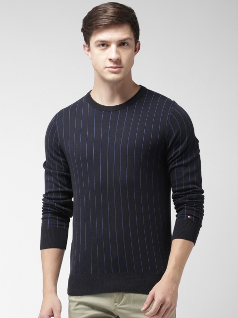 

Tommy Hilfiger Men Black & Blue Striped Pullover