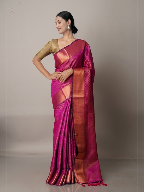 

Unnati Silks Pink & Gold-Toned Woven Design Zari Silk Blend Banarasi Saree