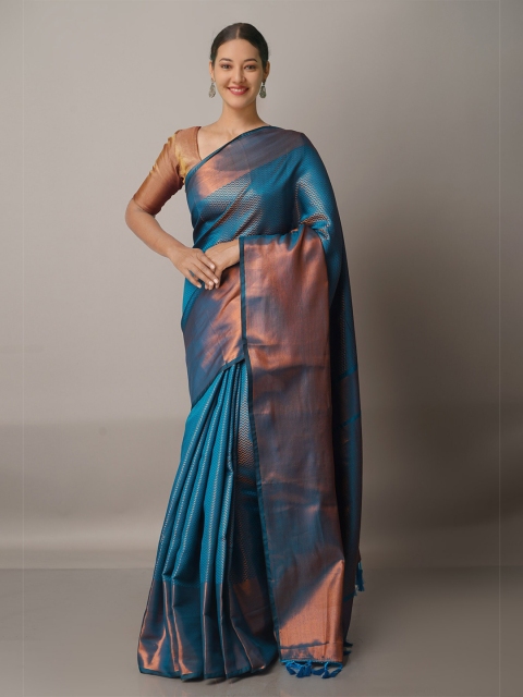 

Unnati Silks Blue & Copper-Toned Ethnic Motifs Zari Silk Blend Banarasi Saree
