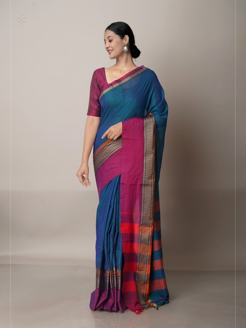 

Unnati Silks Teal & Orange Woven Design Zari Pure Cotton Narayan Peth Saree