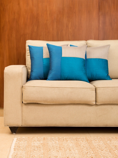 

House This Blue & Grey Colourblocked Set of 3 16'' x 16'' Square Cushion Covers