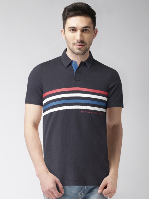 

Tommy Hilfiger Men Navy Blue Striped Polo Collar T-shirt