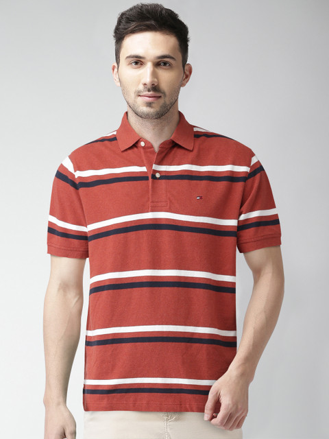 

Tommy Hilfiger Men Rust Orange Striped Polo Collar Pure Cotton T-shirt