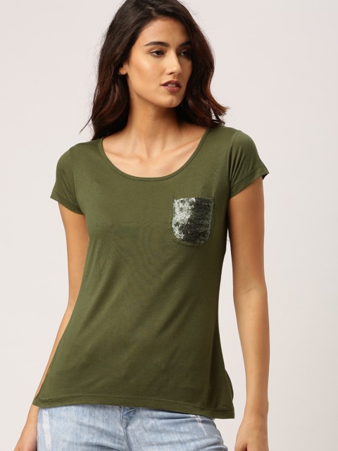 

Ms.Taken Women Olive Green Solid Round Neck T-shirt