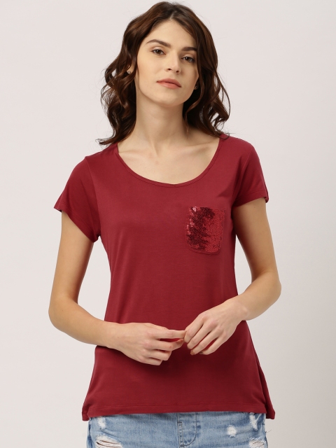 

Ms.Taken by Kriti Sanon Women Maroon Solid Round Neck T-shirt