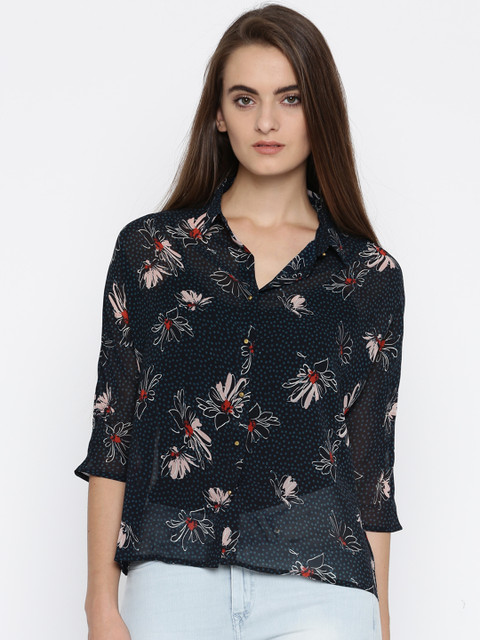 

Ms.Taken Women Navy Blue Printed Casual Shirt