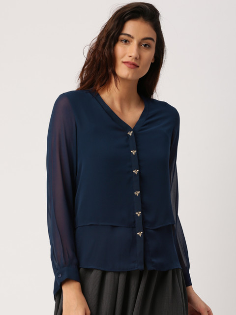 

Ms.Taken by Kriti Sanon Women Navy Solid Shirt Style Top, Navy blue