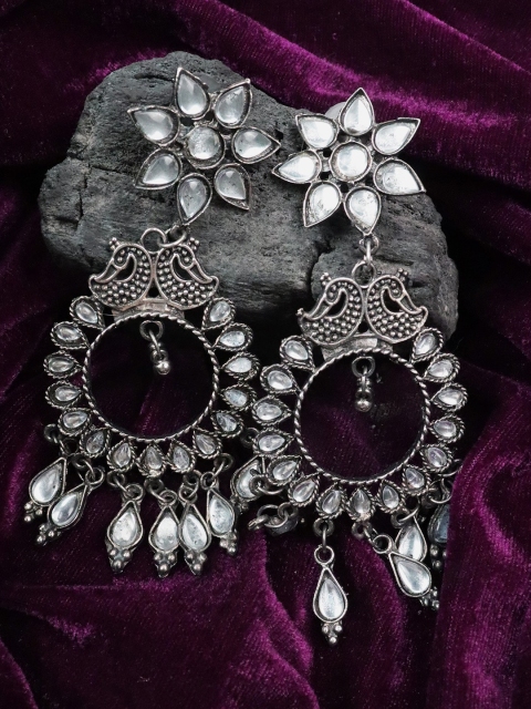 

Krelin White & Silver Brass-Plated Oxidized Circular Chandbalis Earrings